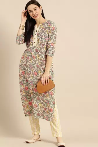 Women Sea Green & Mustard Yellow Printed Kurta with Trousers