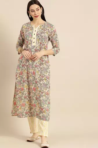 Women Sea Green & Mustard Yellow Printed Kurta with Trousers