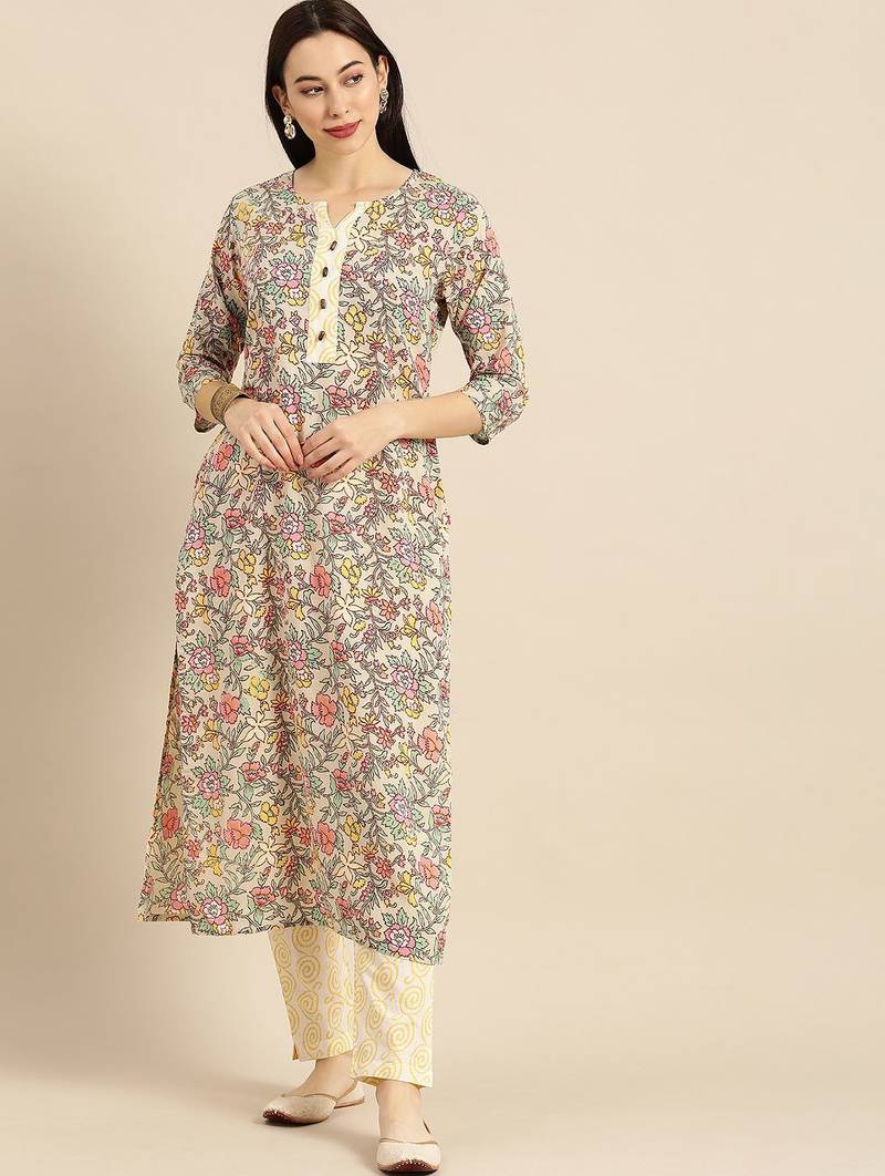 Women Sea Green & Mustard Yellow Printed Kurta with Trousers
