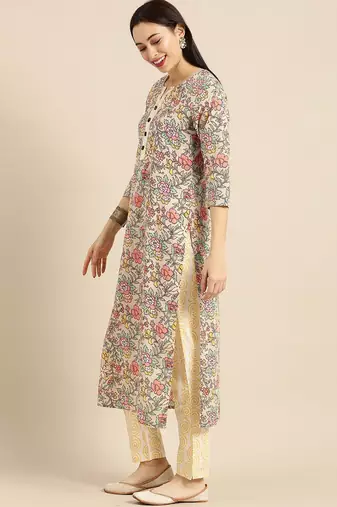 Women Sea Green & Mustard Yellow Printed Kurta with Trousers