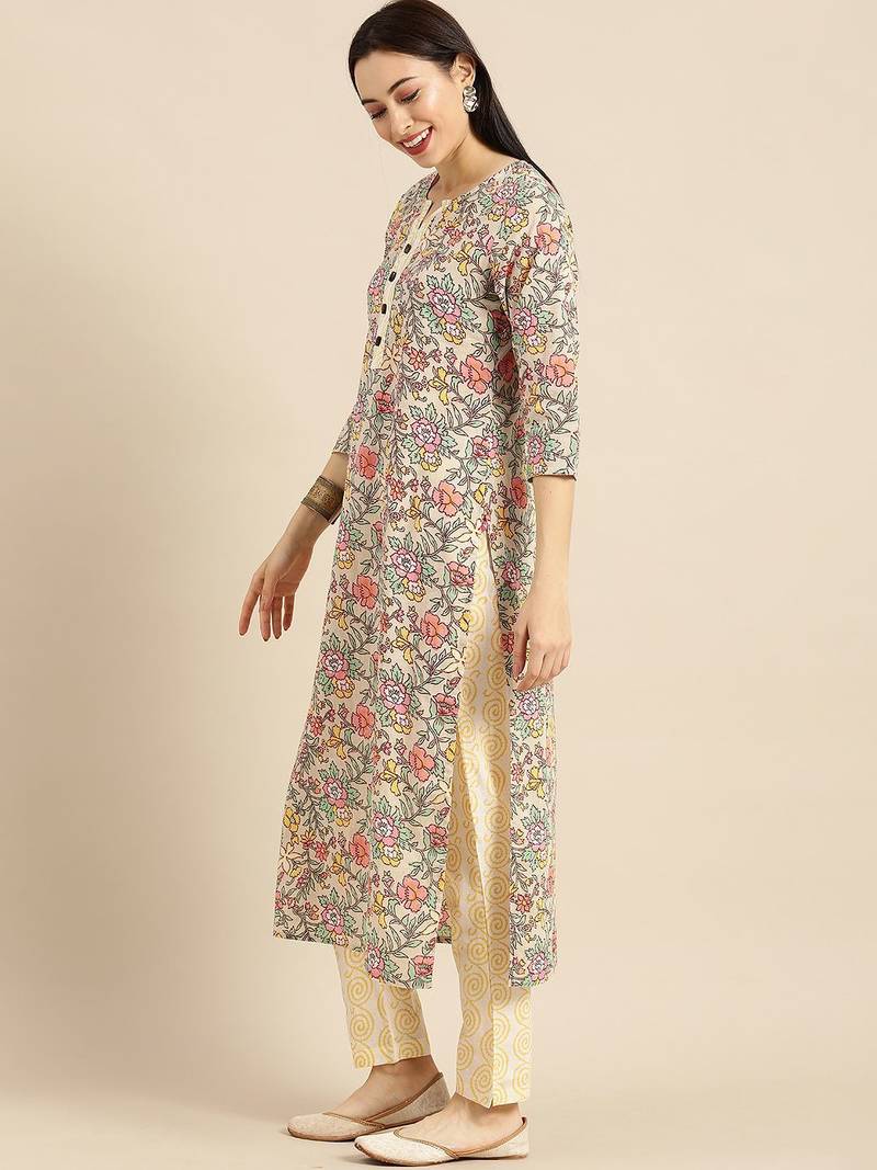 Women Sea Green & Mustard Yellow Printed Kurta with Trousers