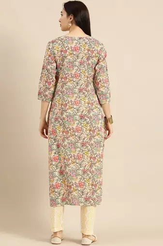 Women Sea Green & Mustard Yellow Printed Kurta with Trousers