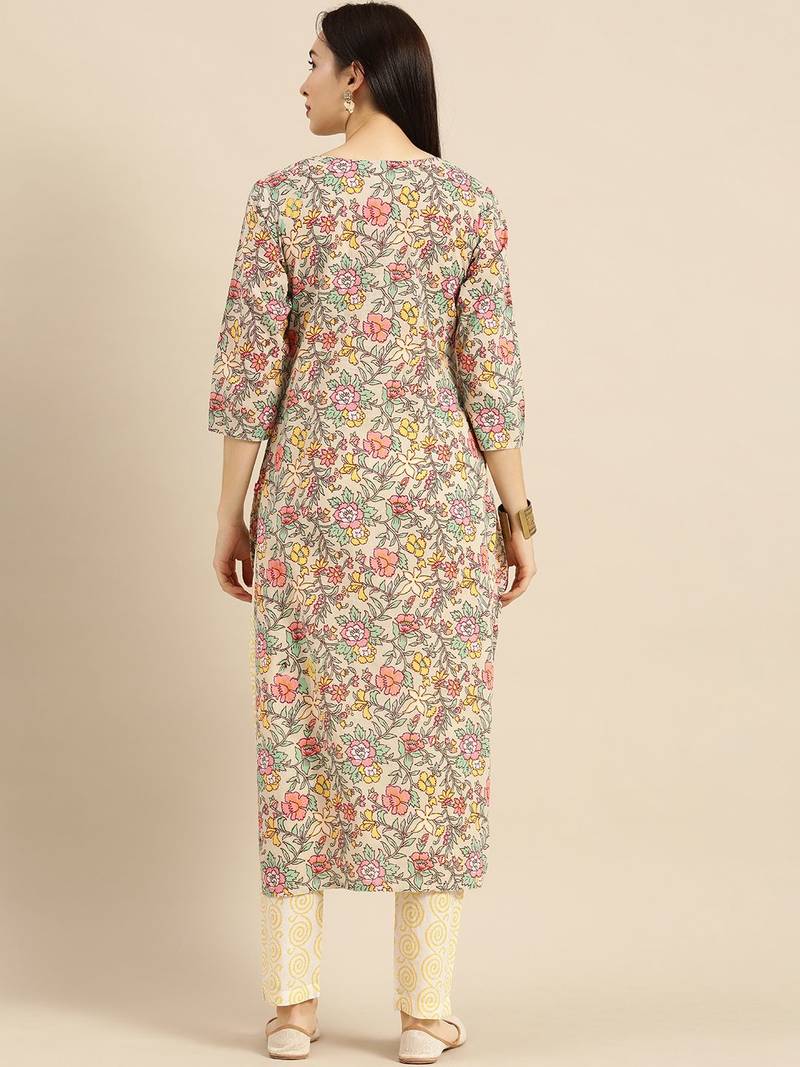 Women Sea Green & Mustard Yellow Printed Kurta with Trousers