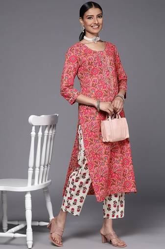 Women Peach-Coloured Pure Cotton Ethnic Motifs Printed Kurta with Trousers