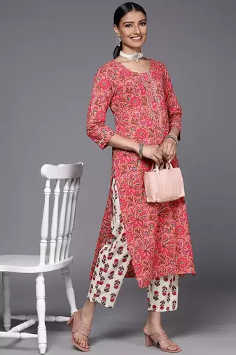 Women Peach-Coloured Pure Cotton Ethnic Motifs Printed Kurta with Trousers