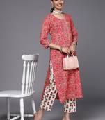 Women Peach-Coloured Pure Cotton Ethnic Motifs Printed Kurta with Trousers