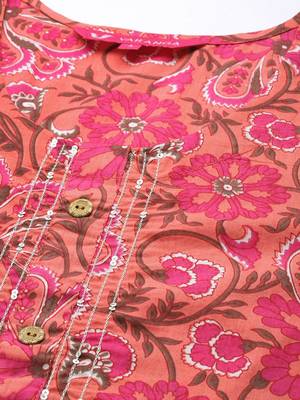 Women Peach-Coloured Pure Cotton Ethnic Motifs Printed Kurta with Trousers 2