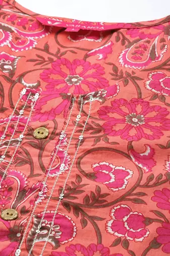Women Peach-Coloured Pure Cotton Ethnic Motifs Printed Kurta with Trousers