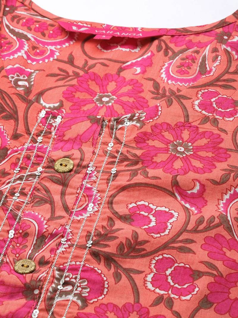 Women Peach-Coloured Pure Cotton Ethnic Motifs Printed Kurta with Trousers