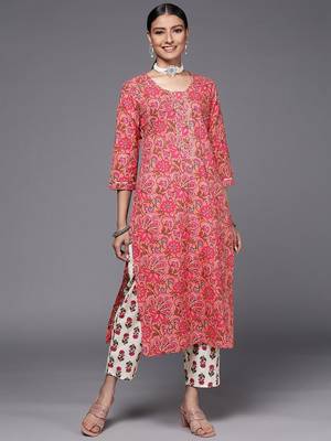 Women Peach-Coloured Pure Cotton Ethnic Motifs Printed Kurta with Trousers 4
