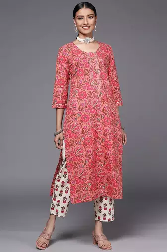 Women Peach-Coloured Pure Cotton Ethnic Motifs Printed Kurta with Trousers