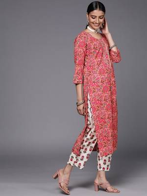 Women Peach-Coloured Pure Cotton Ethnic Motifs Printed Kurta with Trousers 5