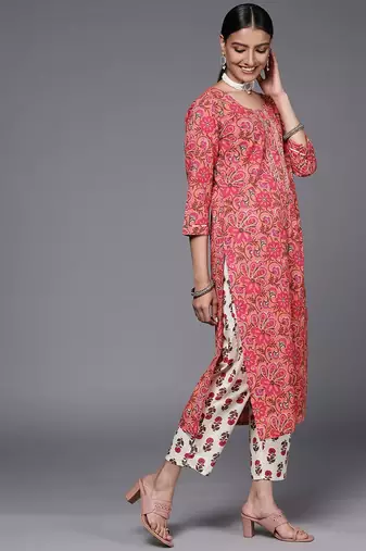 Women Peach-Coloured Pure Cotton Ethnic Motifs Printed Kurta with Trousers