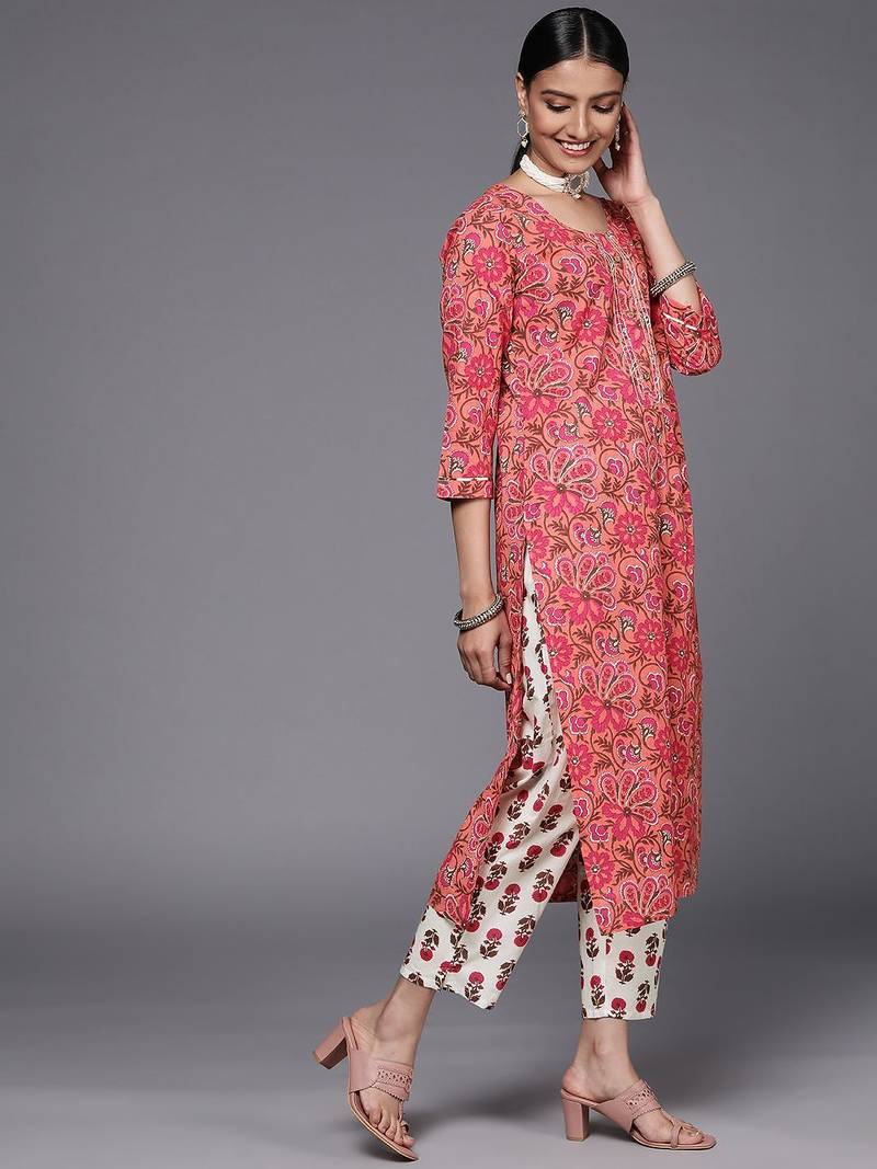 Women Peach-Coloured Pure Cotton Ethnic Motifs Printed Kurta with Trousers