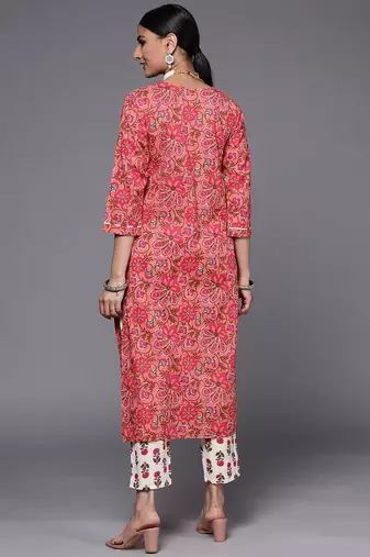 Women Peach-Coloured Pure Cotton Ethnic Motifs Printed Kurta with Trousers