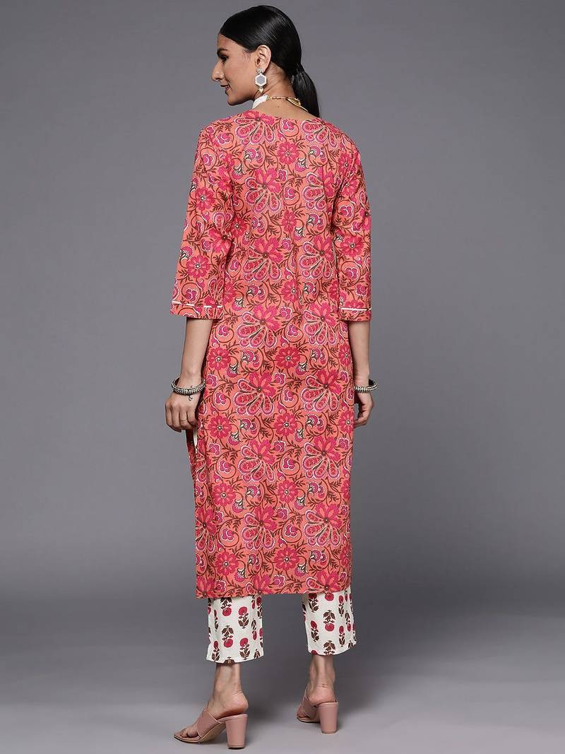 Women Peach-Coloured Pure Cotton Ethnic Motifs Printed Kurta with Trousers