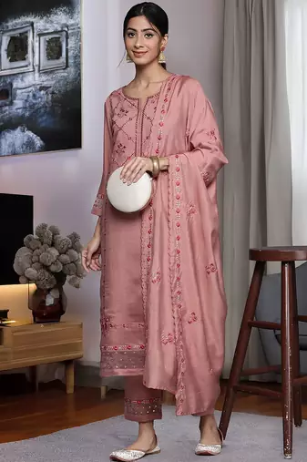 Women Floral Embroidered Mirror Work Kurta With Trousers & Dupatta