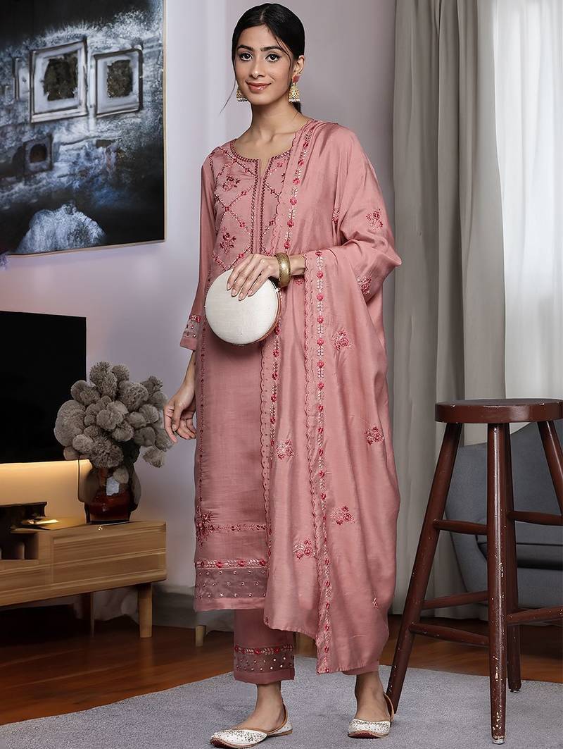 Women Floral Embroidered Mirror Work Kurta With Trousers & Dupatta