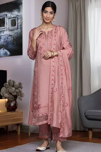 Women Floral Embroidered Mirror Work Kurta With Trousers & Dupatta