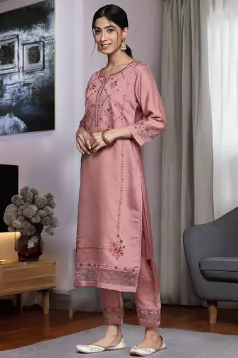 Women Floral Embroidered Mirror Work Kurta With Trousers & Dupatta