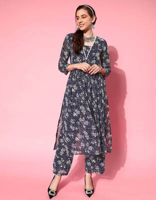 Women Floral Printed Empire Silk Georgette Kurta with Trousers 1