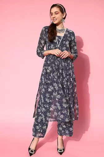 Women Floral Printed Empire Silk Georgette Kurta with Trousers