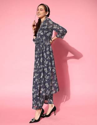Women Floral Printed Empire Silk Georgette Kurta with Trousers 3