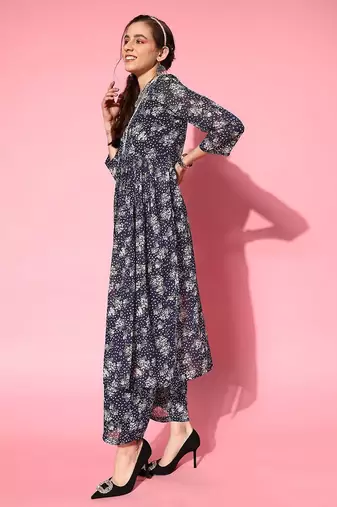 Women Floral Printed Empire Silk Georgette Kurta with Trousers