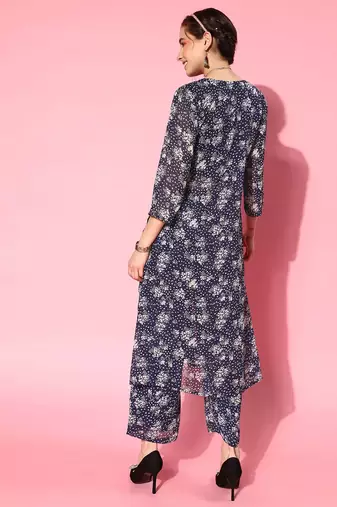 Women Floral Printed Empire Silk Georgette Kurta with Trousers