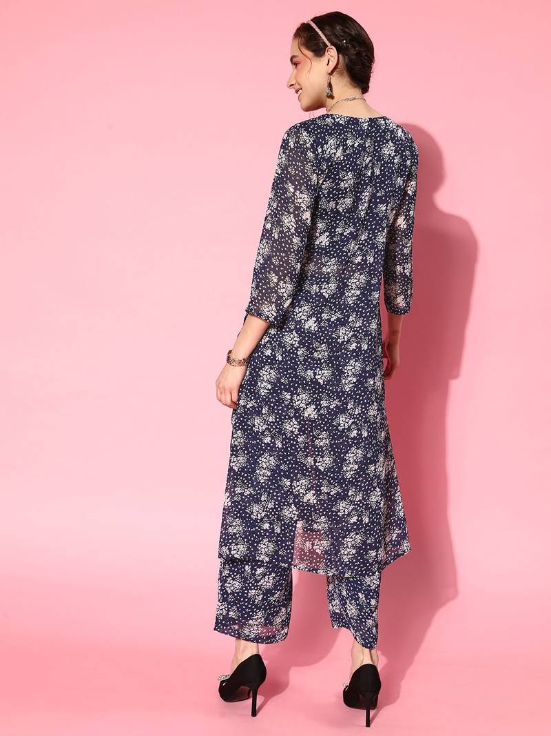 Women Floral Printed Empire Silk Georgette Kurta with Trousers