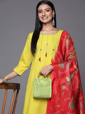 Women Lime Green Yoke Design Thread Work Kurta with Trousers & Dupatta 1