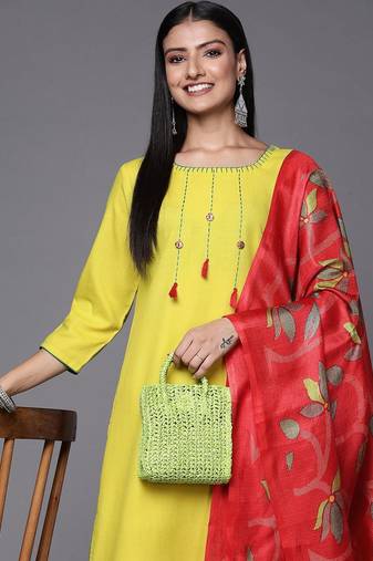 Women Lime Green Yoke Design Thread Work Kurta with Trousers & Dupatta