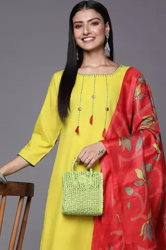 Women Lime Green Yoke Design Thread Work Kurta with Trousers & Dupatta