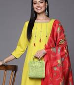 Women Lime Green Yoke Design Thread Work Kurta with Trousers & Dupatta