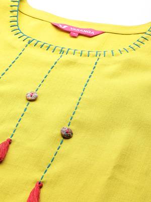 Women Lime Green Yoke Design Thread Work Kurta with Trousers & Dupatta 2