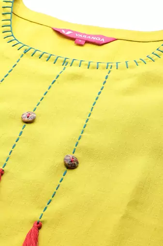 Women Lime Green Yoke Design Thread Work Kurta with Trousers & Dupatta