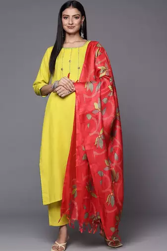 Women Lime Green Yoke Design Thread Work Kurta with Trousers & Dupatta