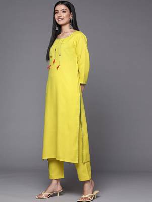 Women Lime Green Yoke Design Thread Work Kurta with Trousers & Dupatta 6