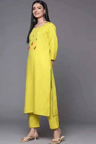 Women Lime Green Yoke Design Thread Work Kurta with Trousers & Dupatta