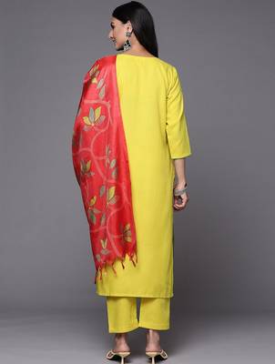 Women Lime Green Yoke Design Thread Work Kurta with Trousers & Dupatta 7