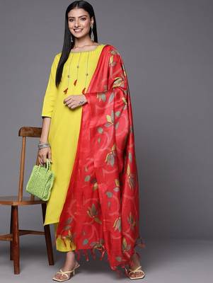 Women Lime Green Yoke Design Thread Work Kurta with Trousers & Dupatta 8