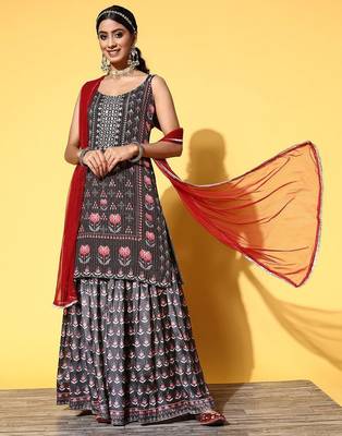 Women Black Floral Printed Beads and Stones Kurta with Sharara & With Dupatta 1