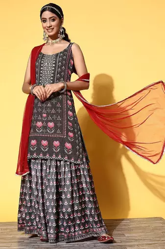Women Black Floral Printed Beads and Stones Kurta with Sharara & With Dupatta
