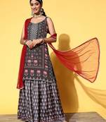 Women Black Floral Printed Beads and Stones Kurta with Sharara & With Dupatta
