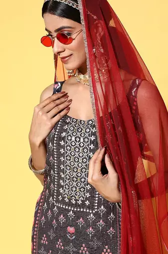 Women Black Floral Printed Beads and Stones Kurta with Sharara & With Dupatta