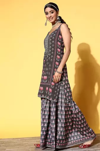 Women Black Floral Printed Beads and Stones Kurta with Sharara & With Dupatta