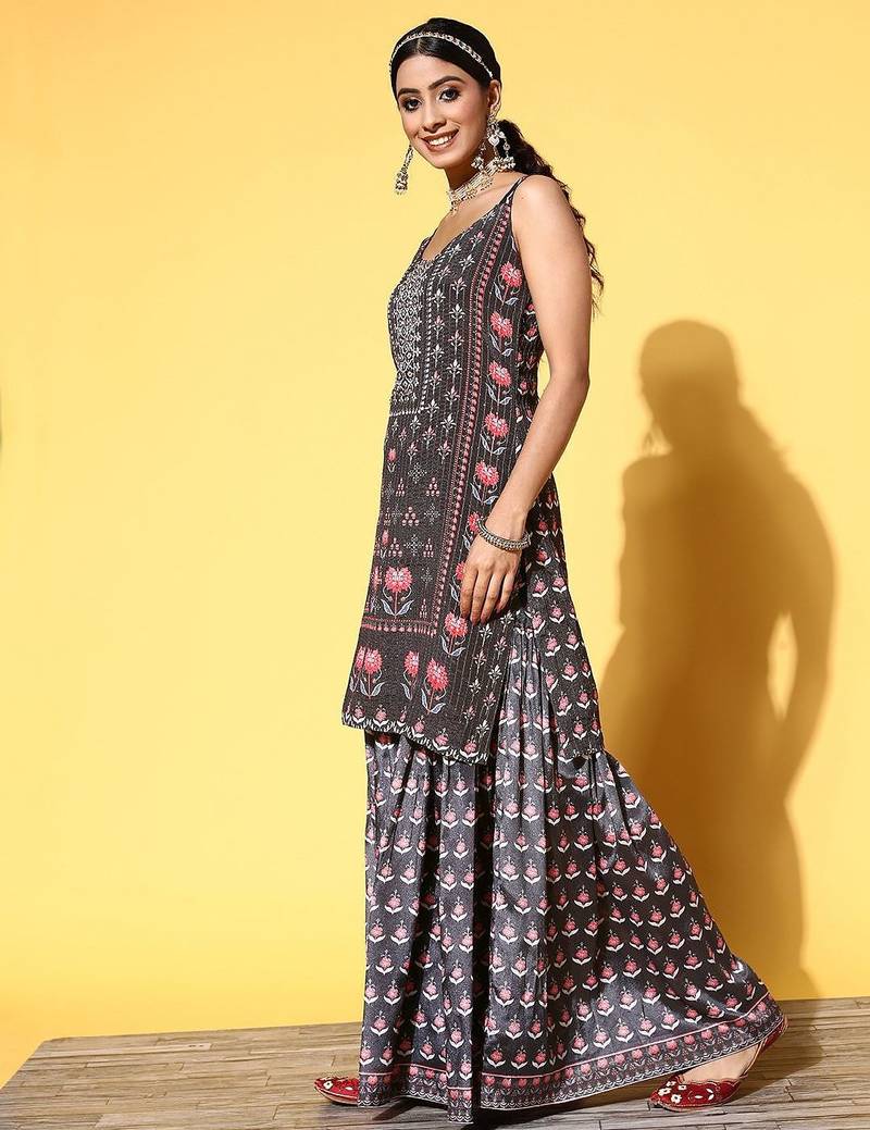 Women Black Floral Printed Beads and Stones Kurta with Sharara & With Dupatta