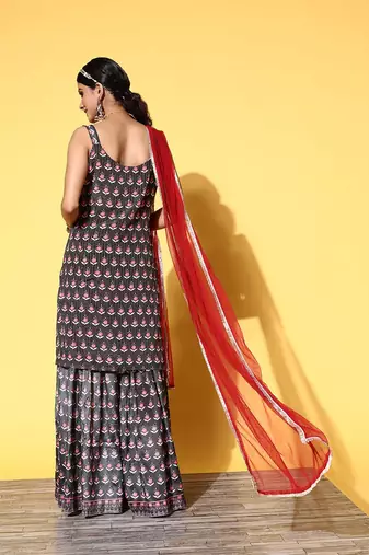 Women Black Floral Printed Beads and Stones Kurta with Sharara & With Dupatta