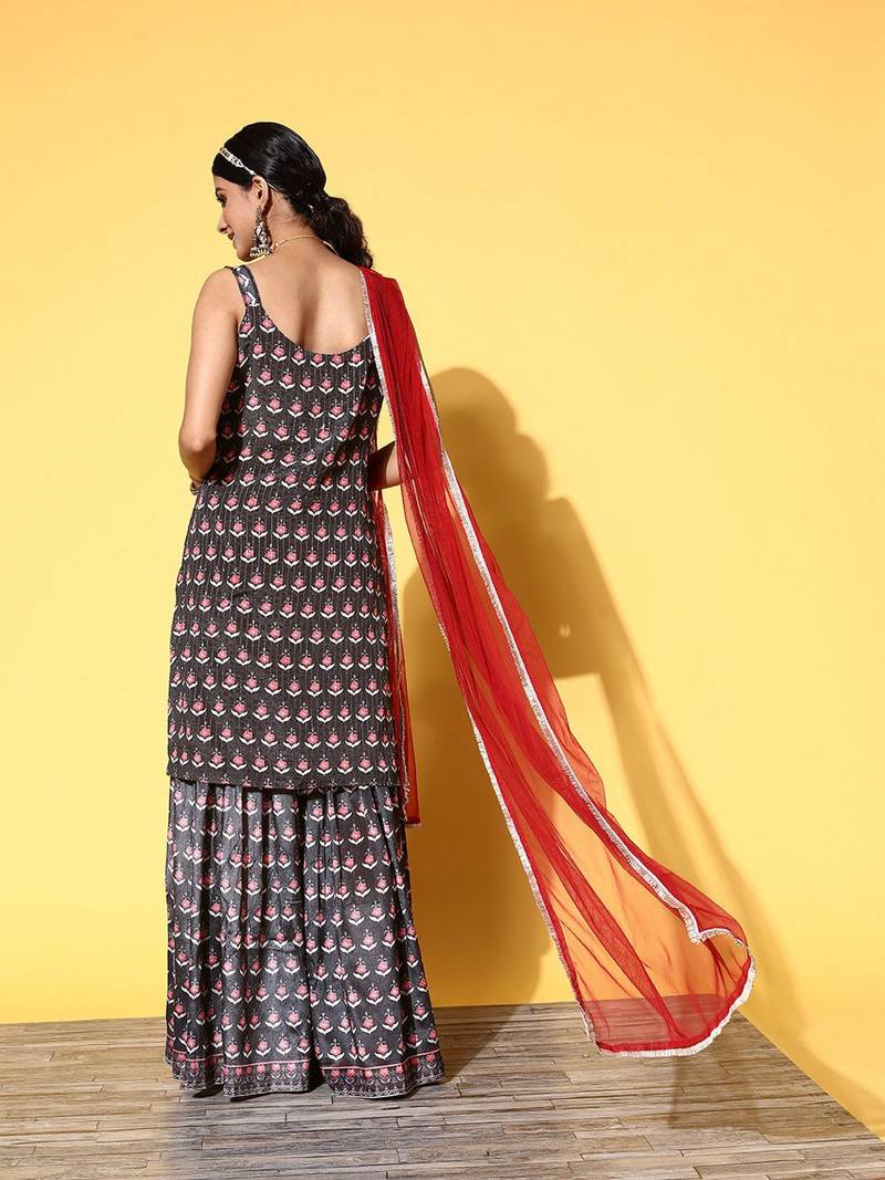 Women Black Floral Printed Beads and Stones Kurta with Sharara & With Dupatta