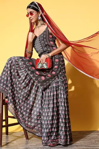 Women Black Floral Printed Beads and Stones Kurta with Sharara & With Dupatta